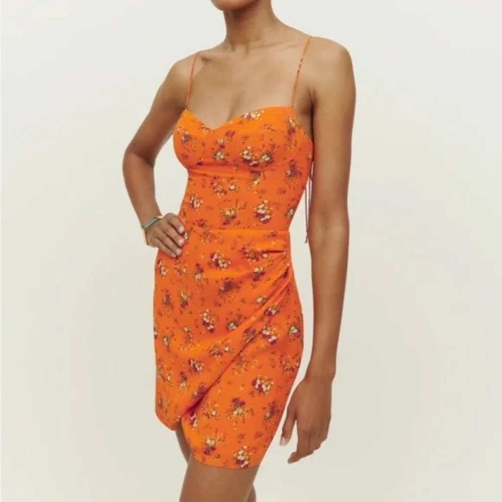 NWT Reformation Saoirse Dress Orange Floral Sweetheart Wrap Mini Dress Size 0